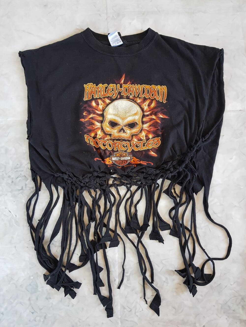 Harley-Davidson Sarnia Ontario Upcycled Flaming Skull Fringe T-Shirt, XL